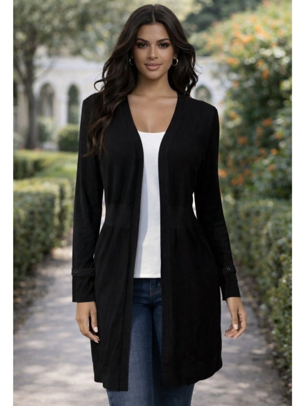 WHBM White House Black Market Womens Long Black Cardigan Sweater L Large